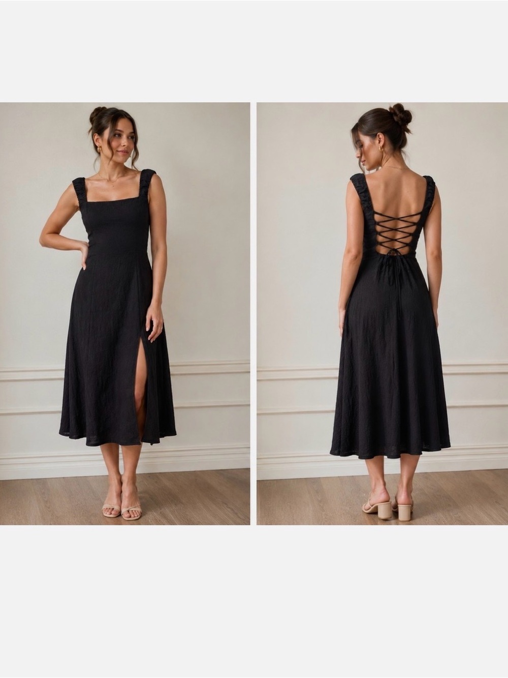 Astr Black Square-Neck Midi Dress with Lace-Up Back
